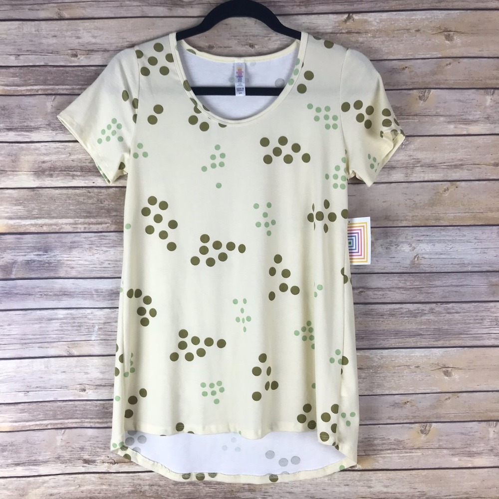 Lularoe Top Womens XXS 2XS Classic T Polka Dot Short Sleeve Tunic Ivory Green